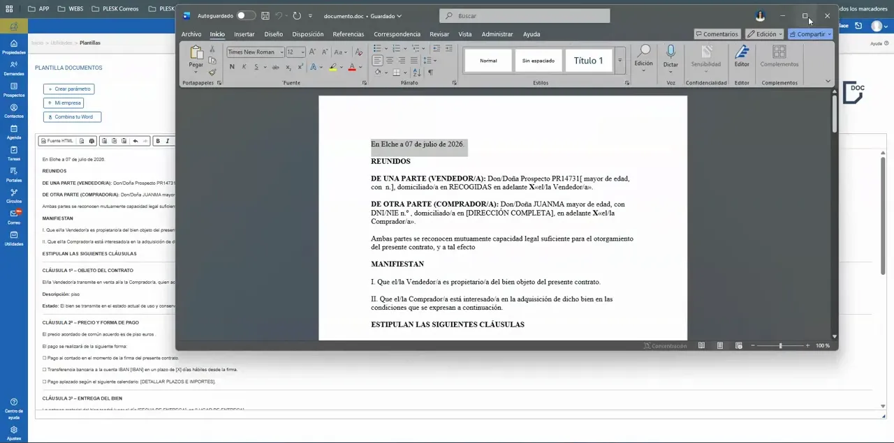 Documento generado en procesador de texto con varias páginas y datos rellenados