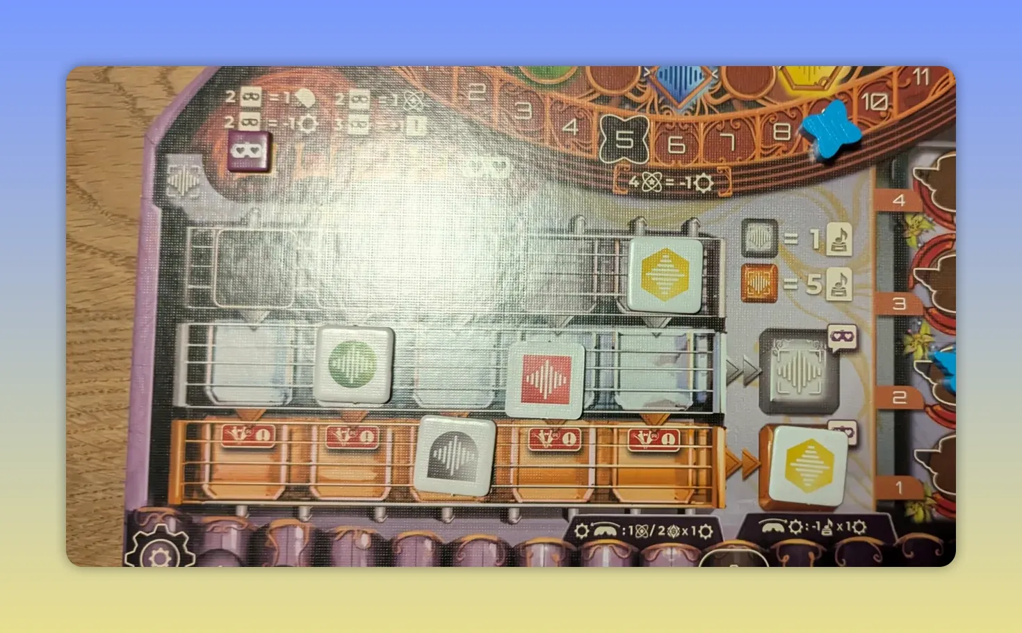Spielertableau mit Reihen für farbige Sinfonieplättchen und Wertungsfeldern