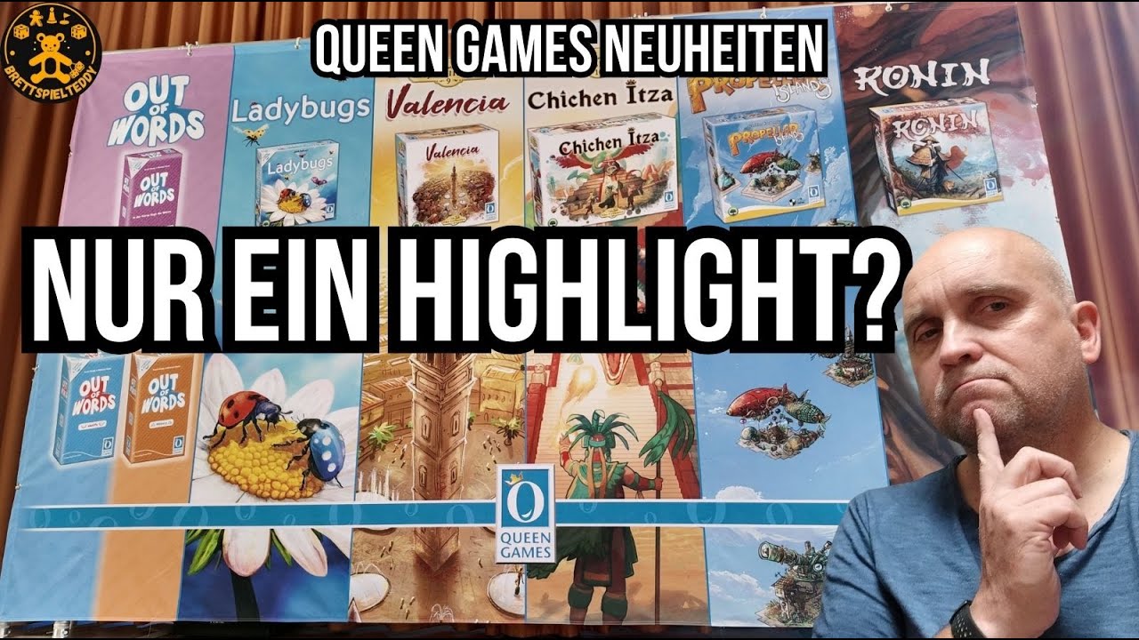 Vorschaubild zu den Queen Games Neuheiten 2025 mit den Spielen Out of Words, Ladybugs, Valencia, Chichen Itza, Propellerbirds und Ronin