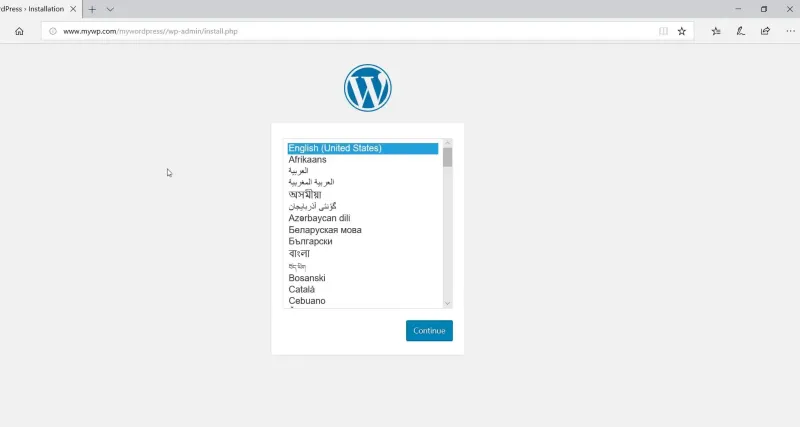 WordPress installation welcome screen