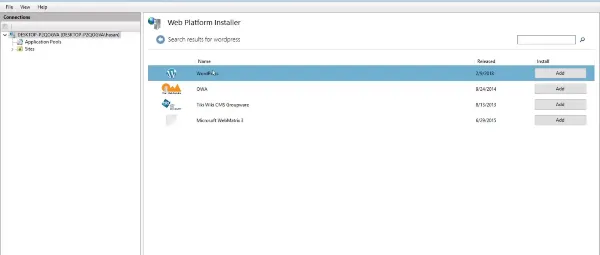 Searching for WordPress in Web Platform Installer
