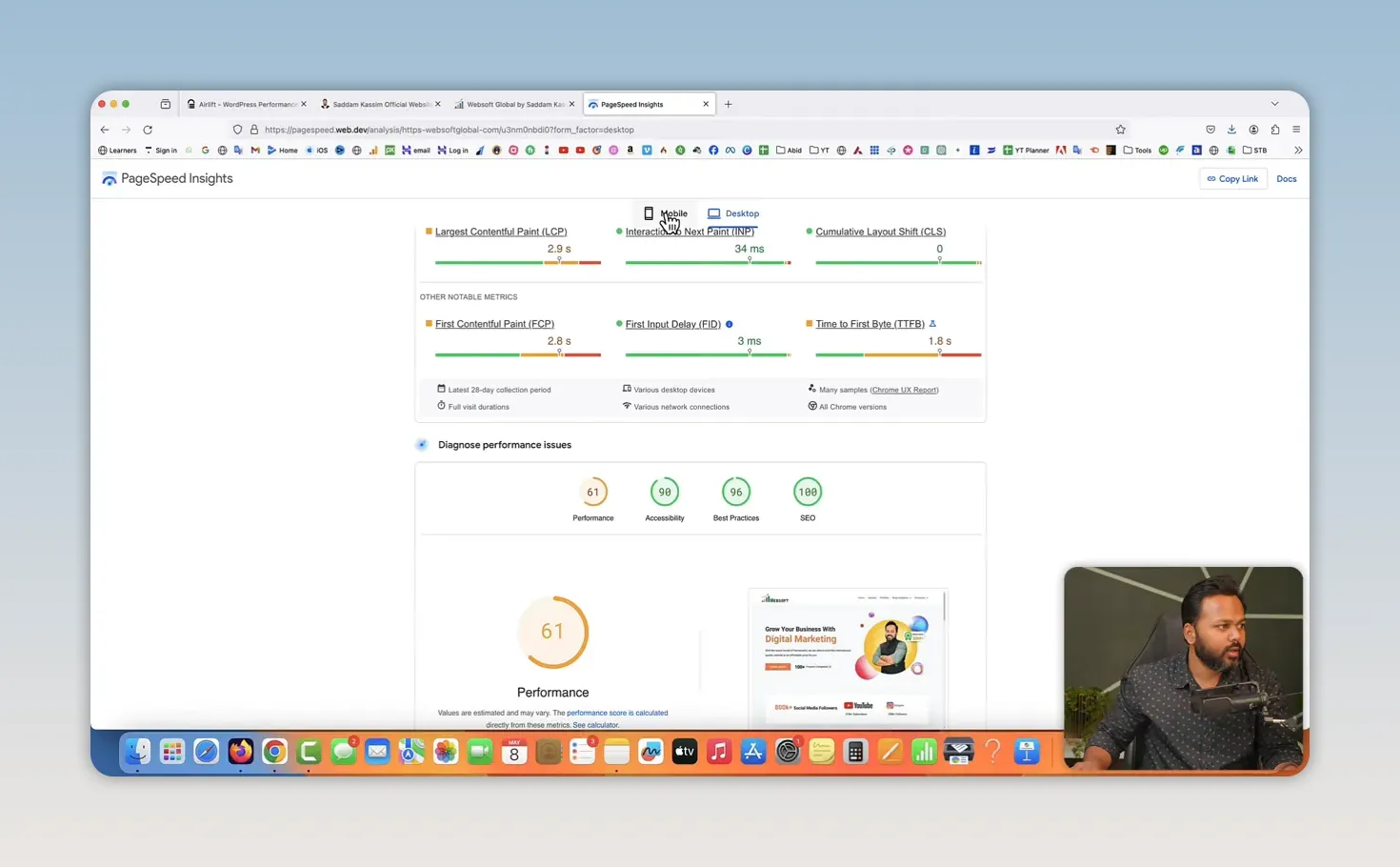 Trang PageSpeed Insights hiển thị điểm hiệu năng thấp và các chỉ số đánh giá