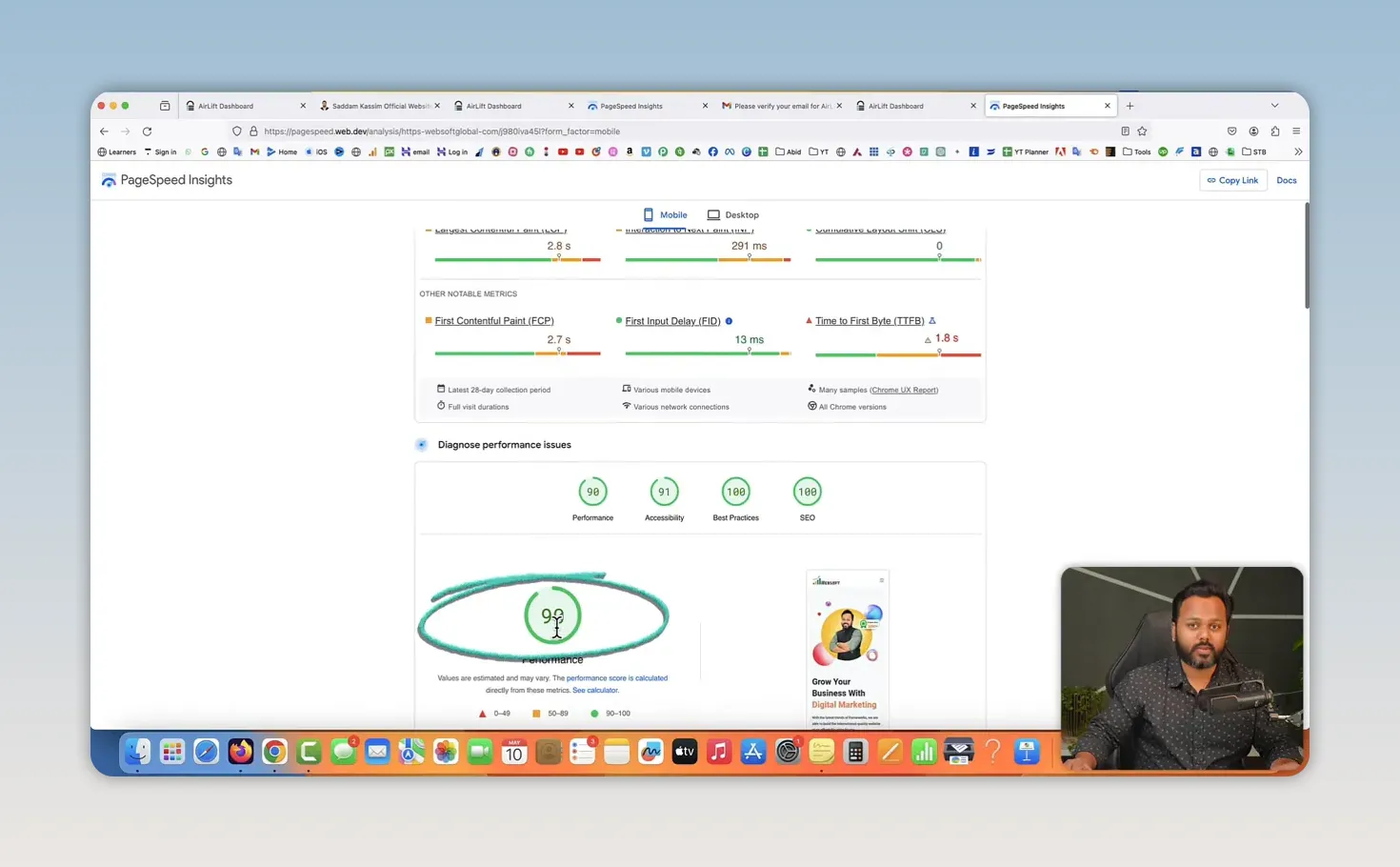 Trang PageSpeed Insights hiển thị điểm hiệu năng điện thoại 90 trong vòng tròn màu xanh