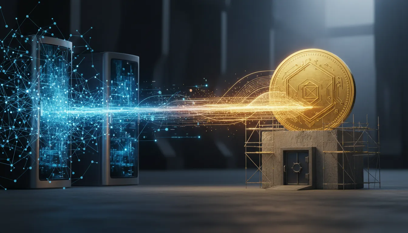 Futuristic illustration of an AI neural network and server racks on the left sending glowing streams of capital toward a solitary golden coin on a pedestal with scaffolding, symbolizing AI-driven repricing toward scarce assets like bitcoin