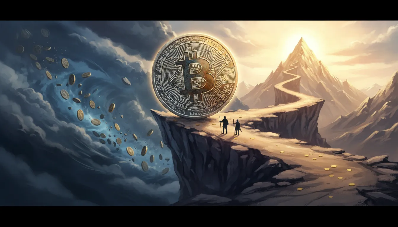 A large bitcoin coin on a cliff at a forked mountain path — one side crumbling into a stormy chasm with falling coins, the other side sunlit and rising toward a golden peak, symbolizing a painful shakeout before a potential rally.