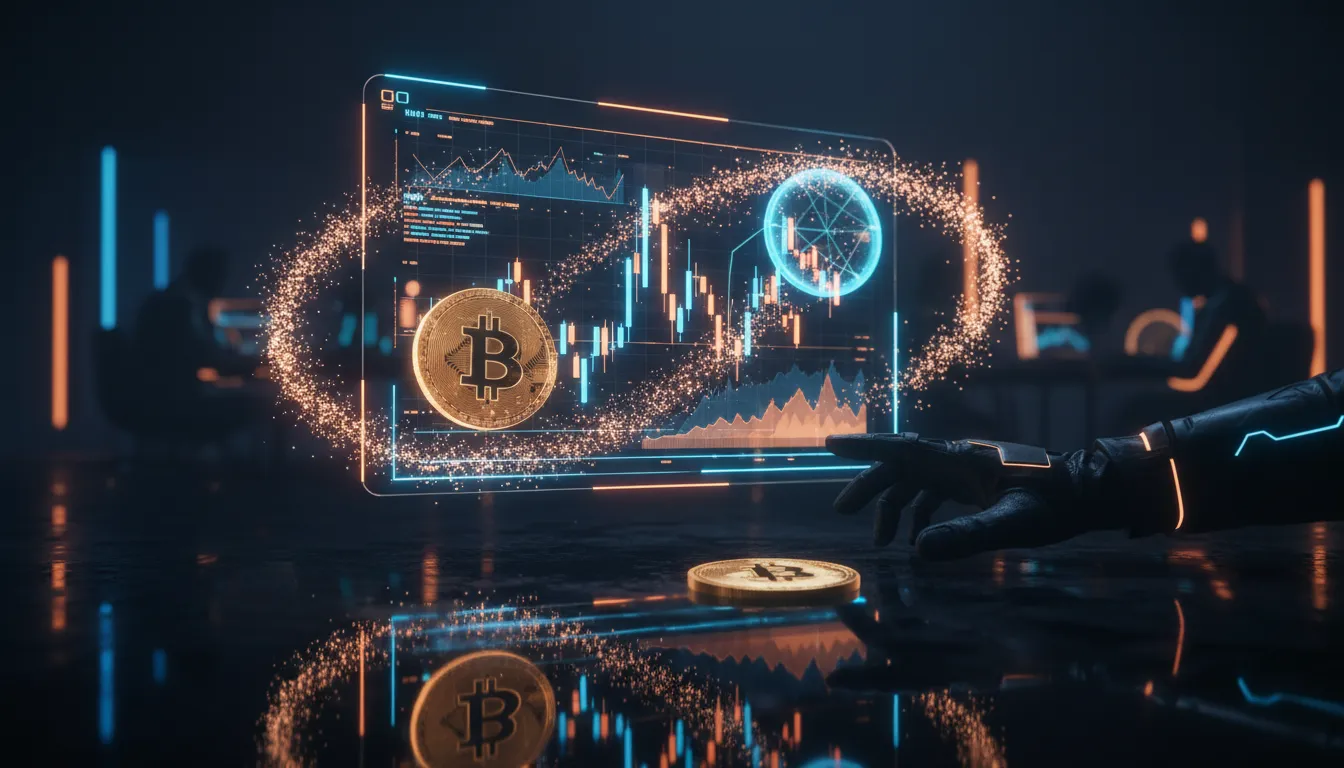 Futuristic holographic prediction market dashboard with glowing probability arcs, two binary outcome tokens, and a Bitcoin coin, illustrating prediction markets and their relevance to cryptocurrency and Bitcoin traders