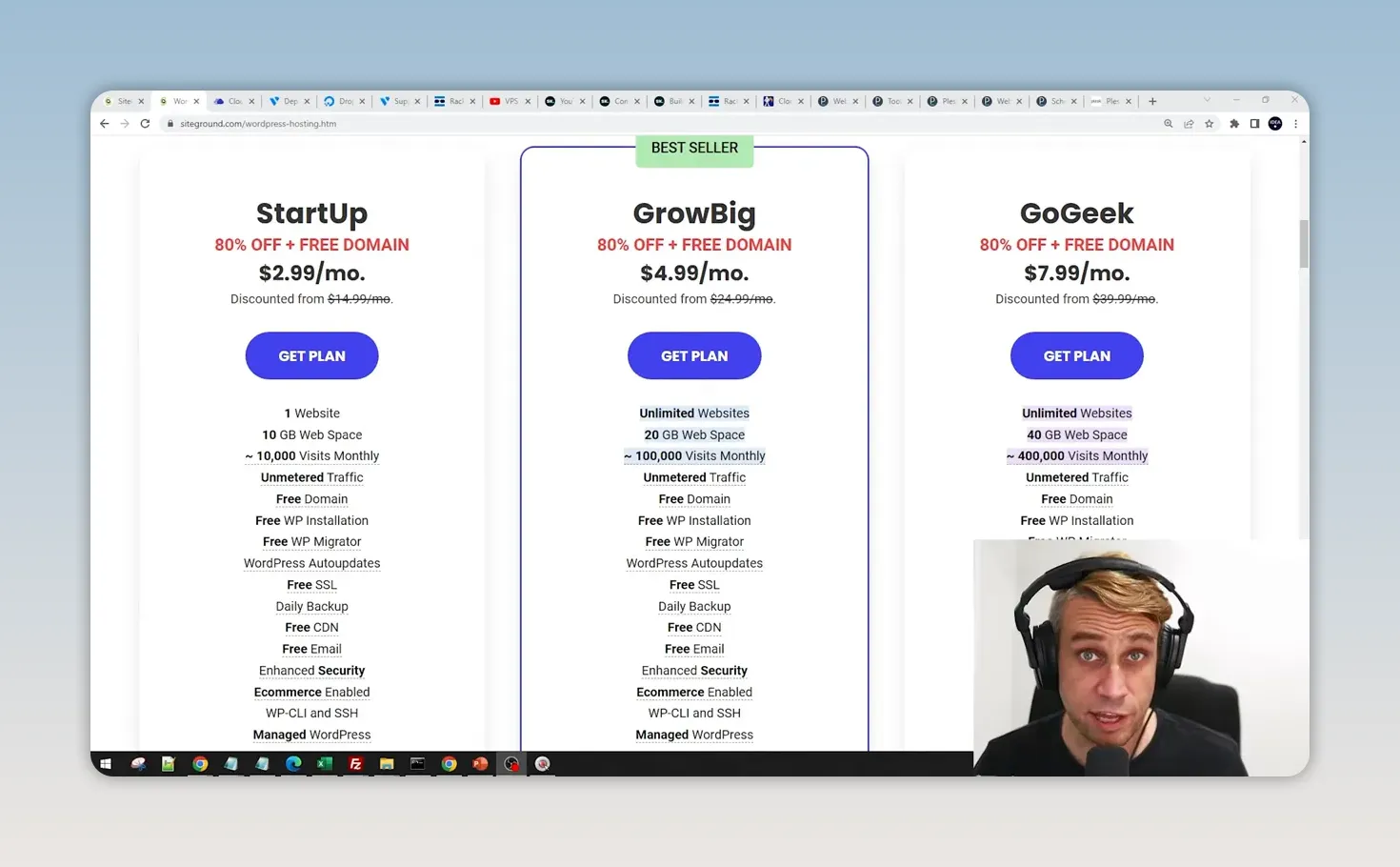 Bảng giá SiteGround với các gói StartUp GrowBig và GoGeek