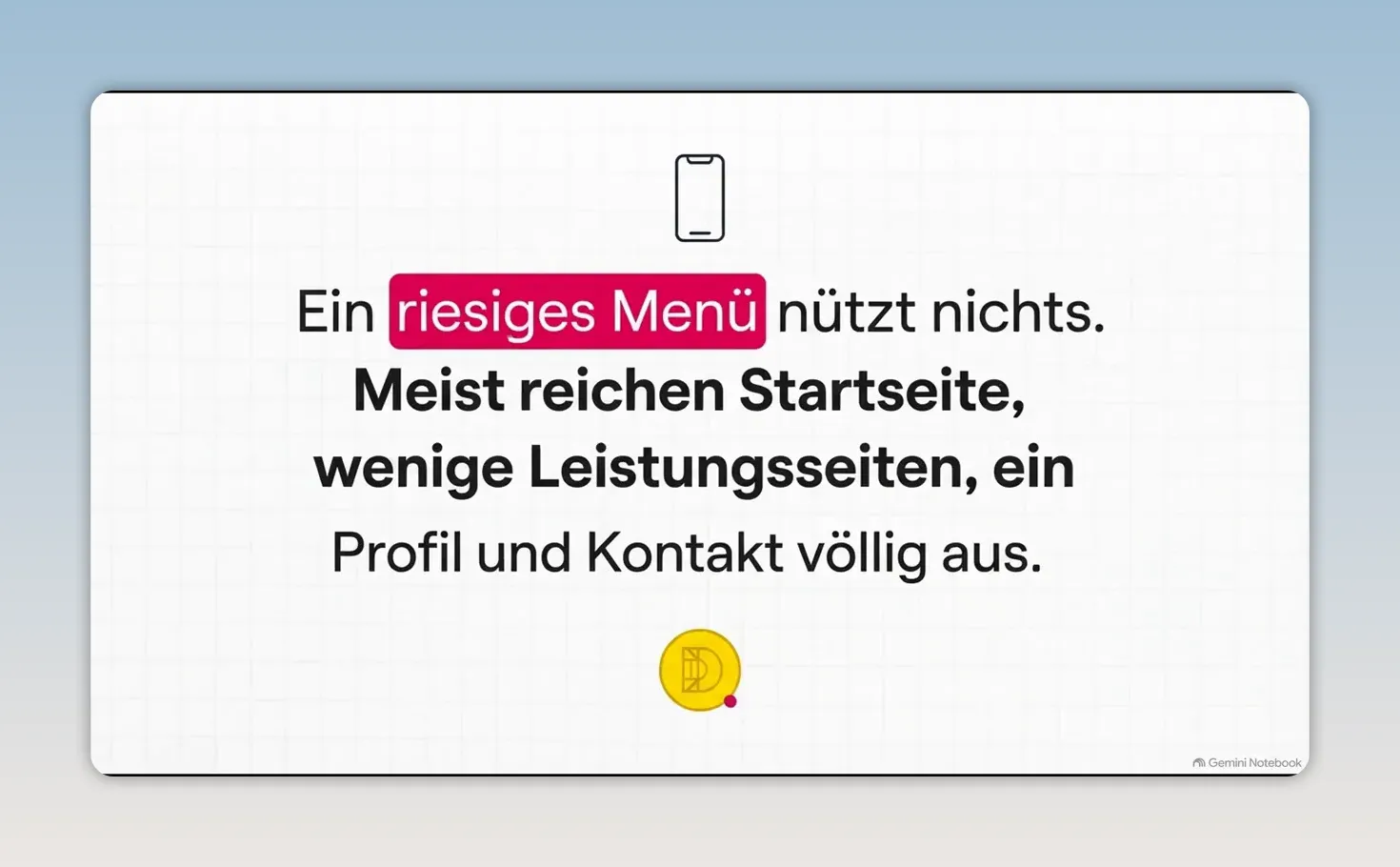 Folie mit dem Hinweis, dass meist eine Startseite, wenige Leistungsseiten, ein Profil und Kontakt ausreichen