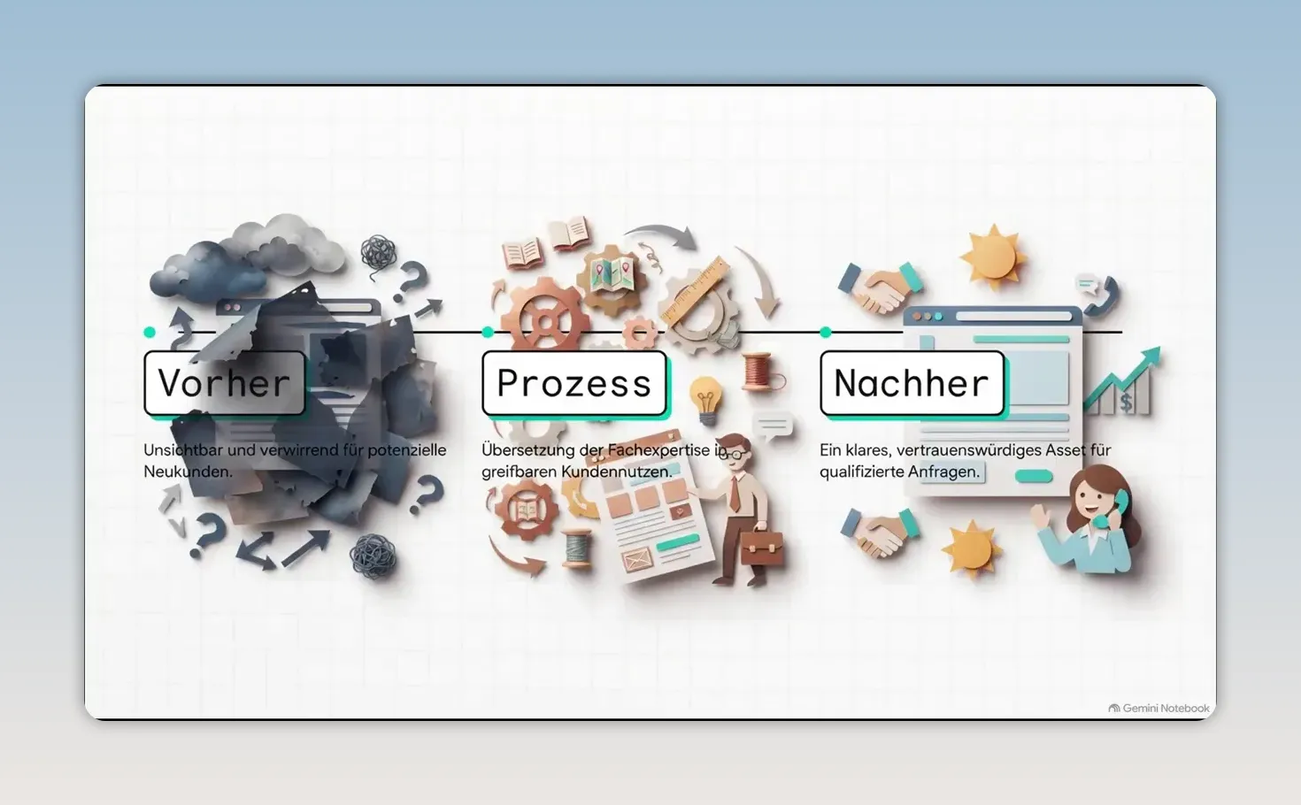Dreiteilige Grafik mit den Beschriftungen Vorher, Prozess und Nachher