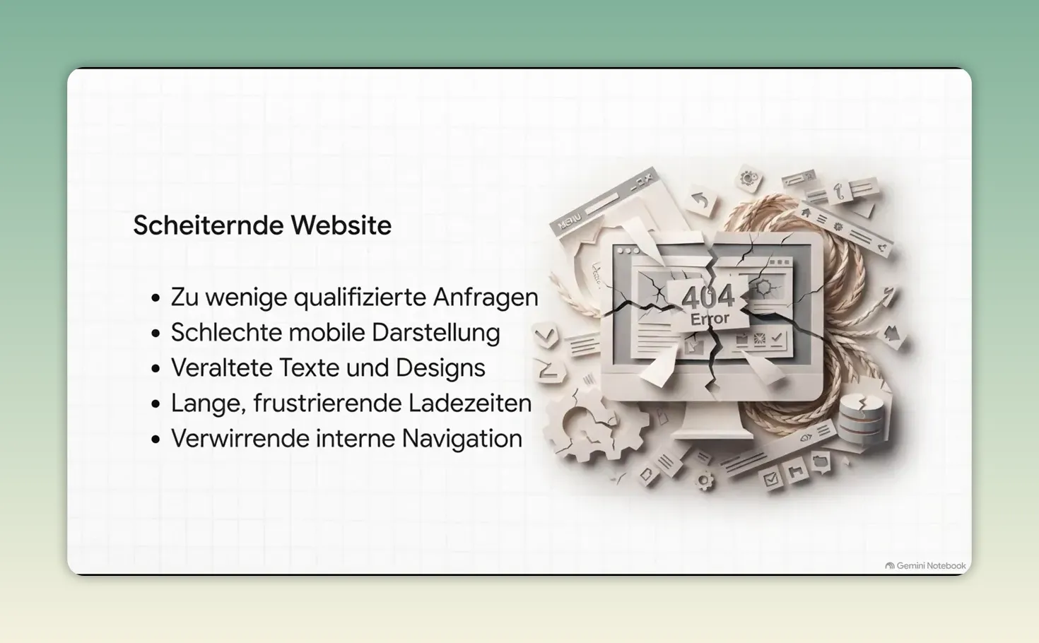 Präsentationsfolie mit fünf Problemen einer scheiternden Website und einer 404-Grafik