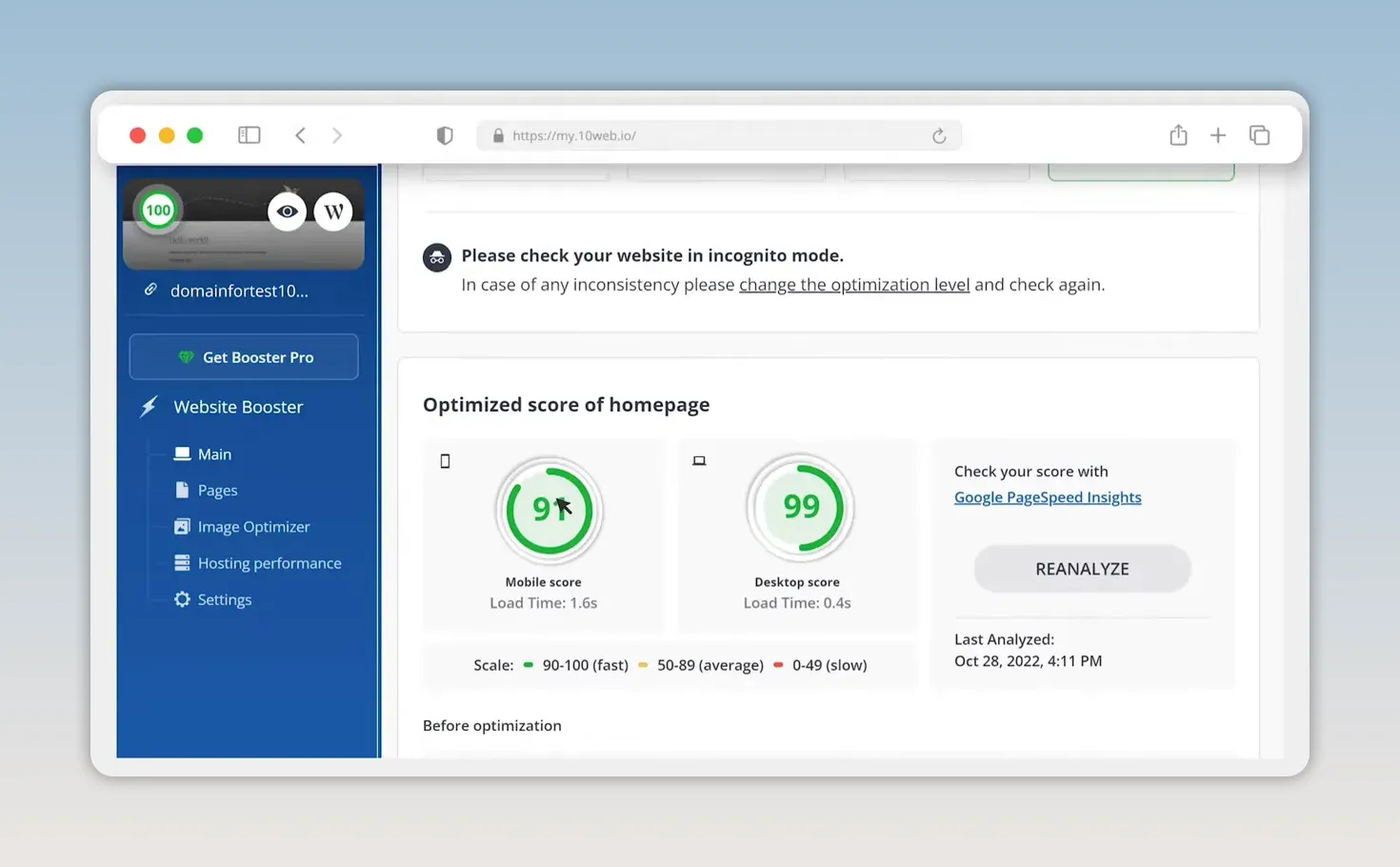 Bảng điều khiển 10Web Booster hiển thị điểm tối ưu hiệu năng website