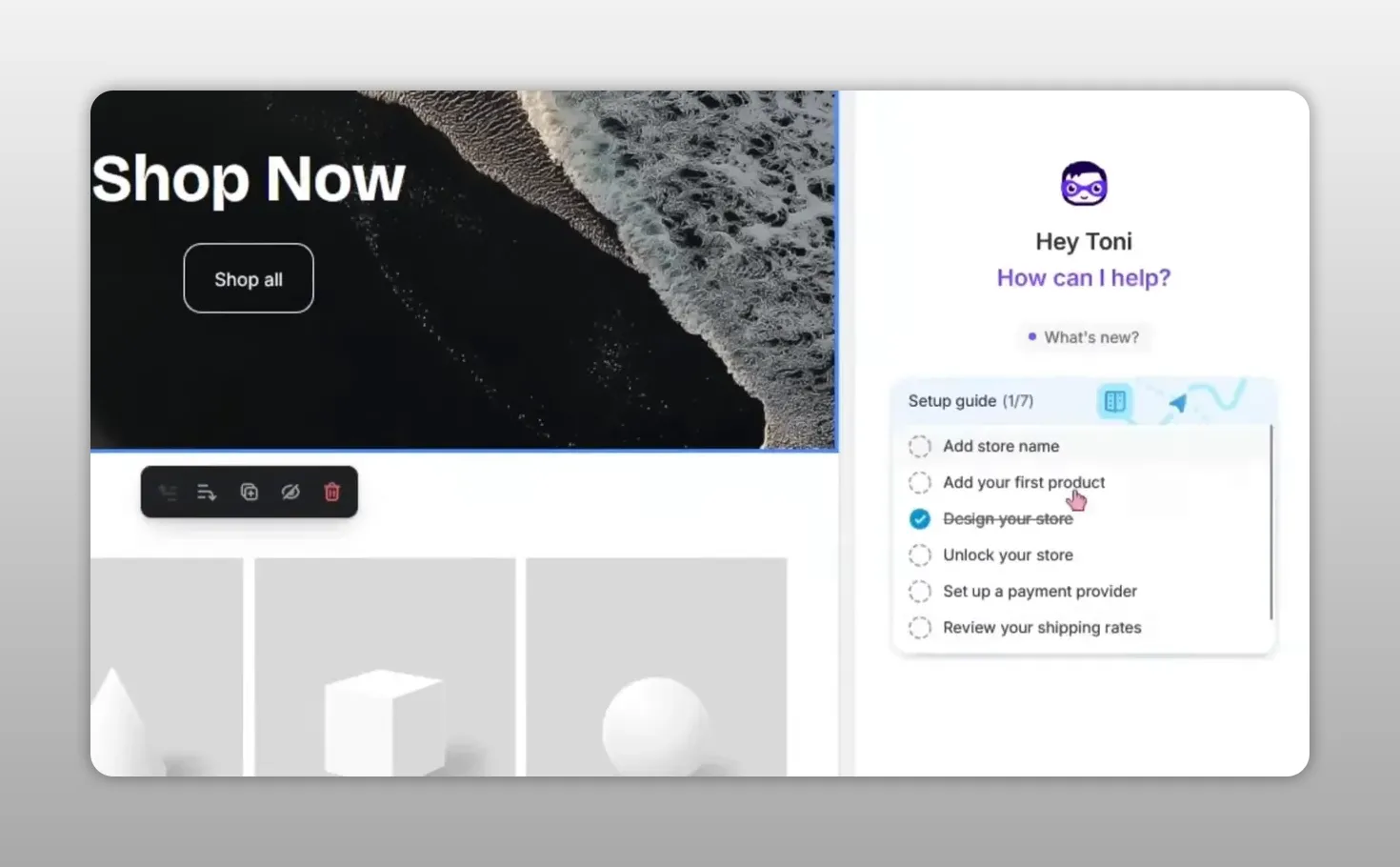 Trình chỉnh sửa Shopify với cửa hàng và trợ lý Sidekick ở bên phải