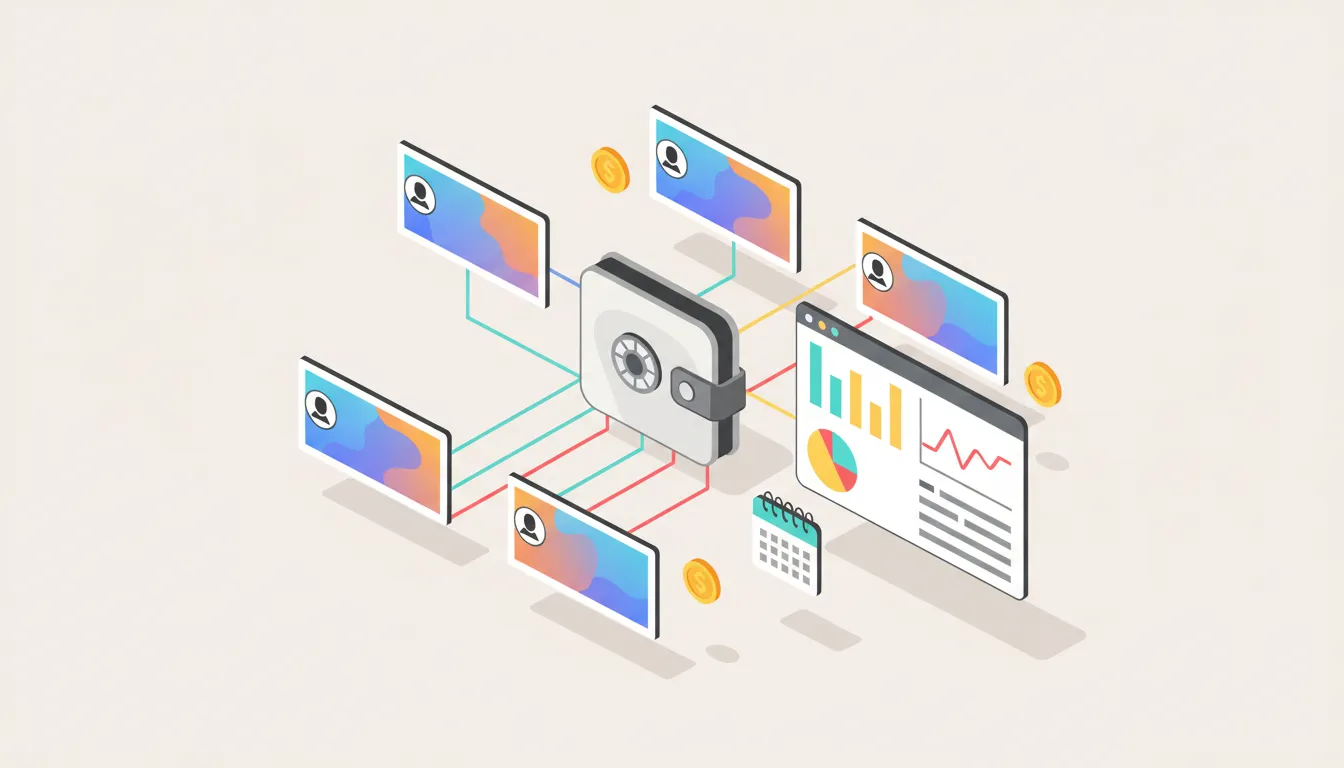 Vector illustration of multiple video channel cards connected to one central wallet-style account with a dashboard of charts, coins and a calendar indicating consolidated monthly payments and per-channel breakdowns