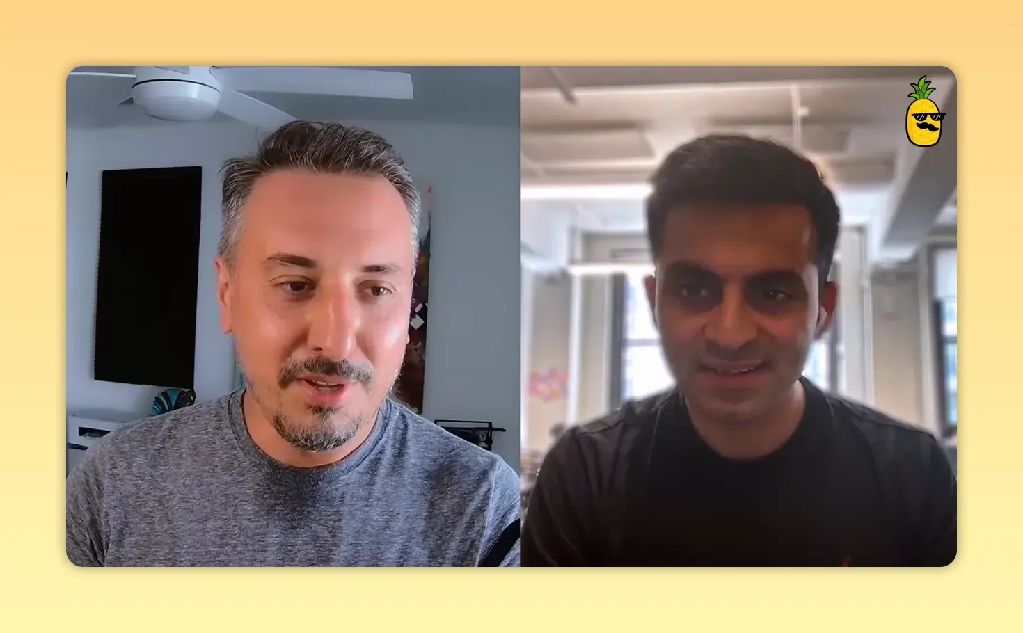 Split-screen interview showing two speakers explaining an AI mortgage product; clear lighting and engaged expressions.