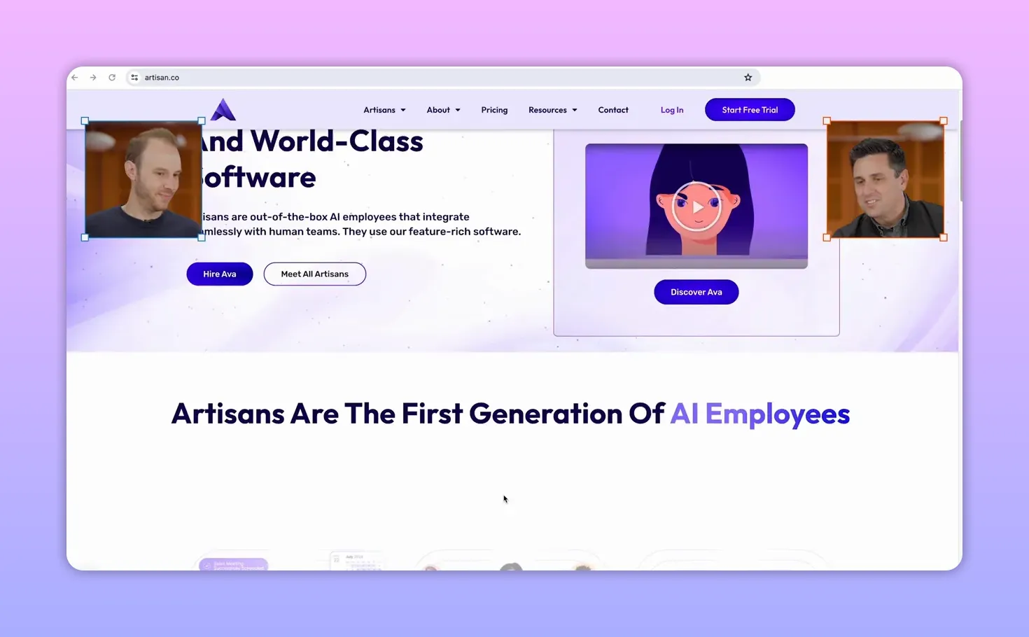 Trang Artisan AI với tiêu đề về nhân viên AI và các thẻ mô tả tính năng