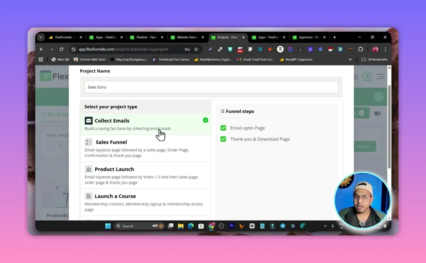 FlexiFunnels select project type screen showing 'Collect Emails' option and funnel steps