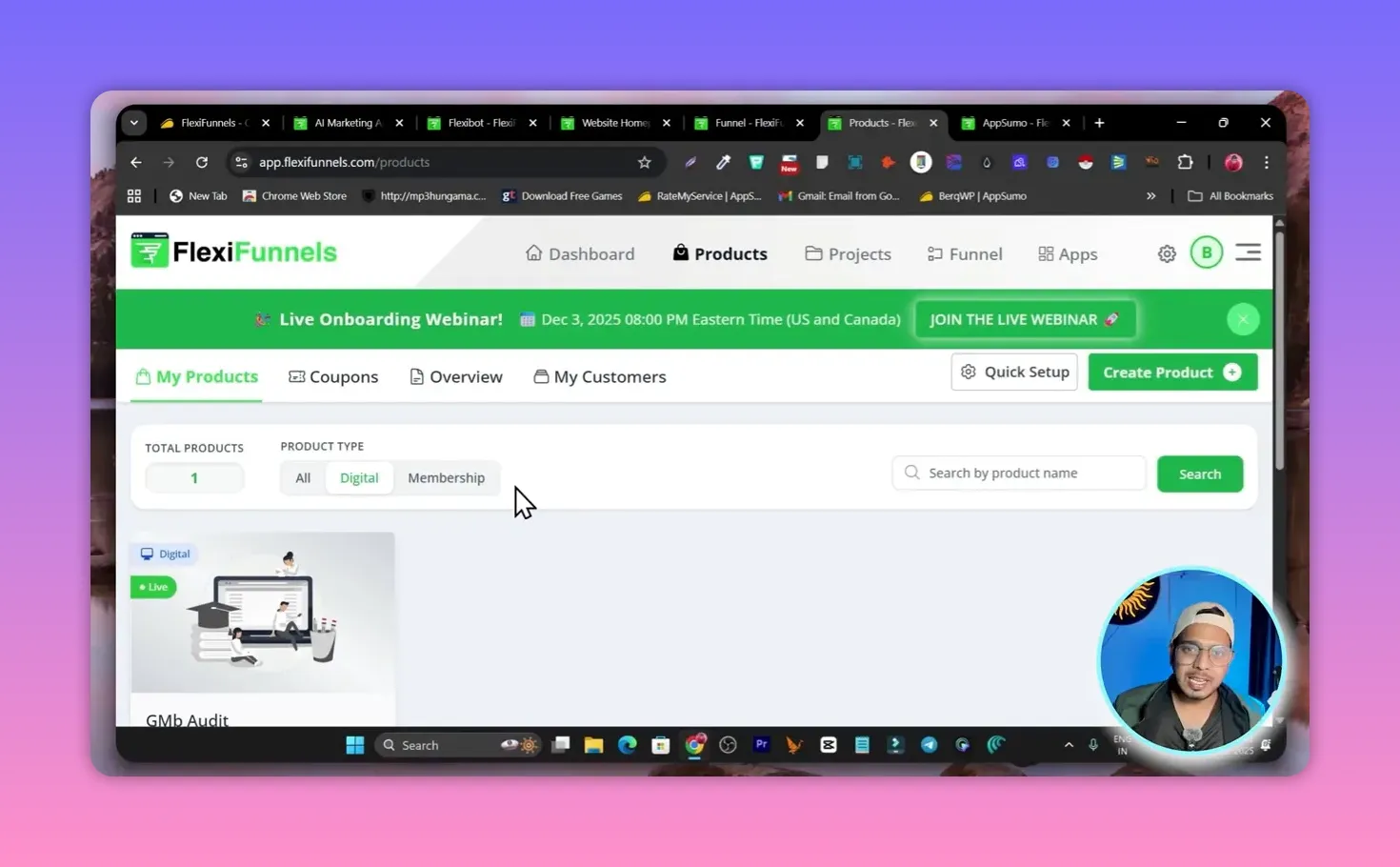 FlexiFunnels 'My Products' page showing product list, product type filters and Create Product button