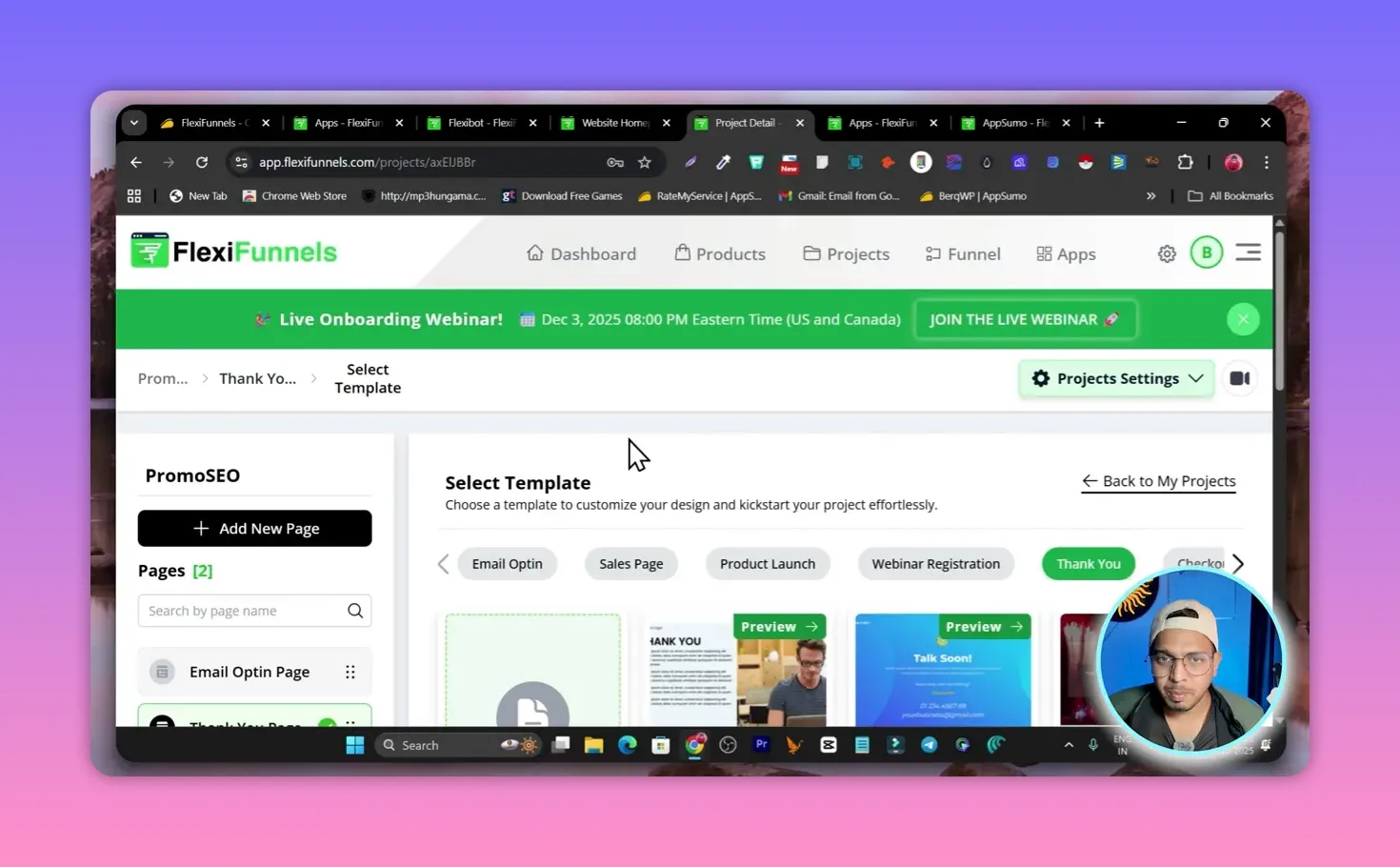 FlexiFunnels dashboard showing the 'Select Template' screen with template gallery and project sidebar