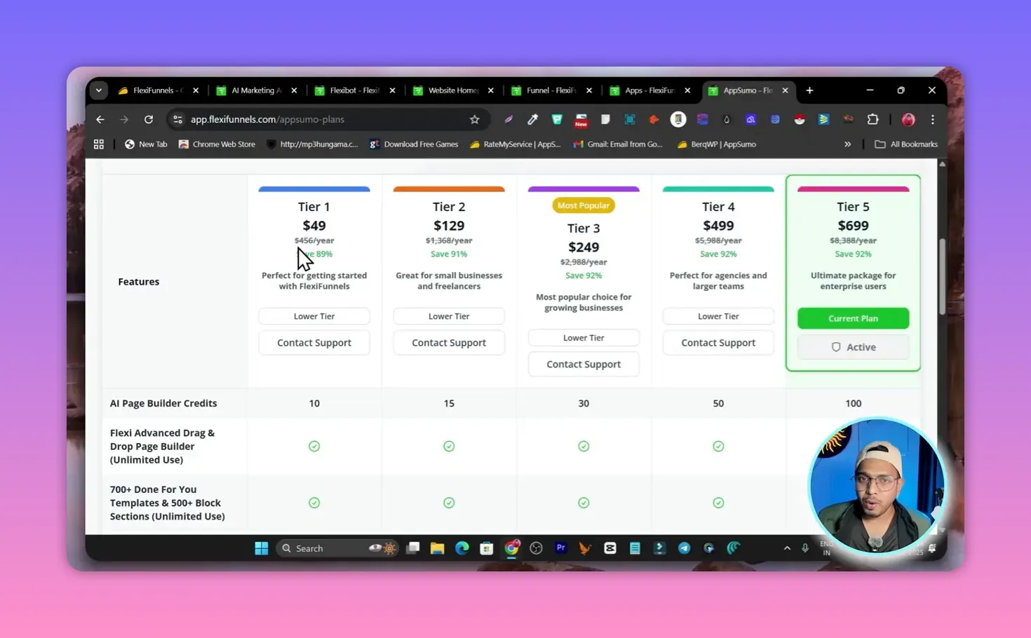 FlexiFunnels pricing table with Tier 1 $49, Tier 2 $129, Tier 3 $249, Tier 4 $499, Tier 5 $699