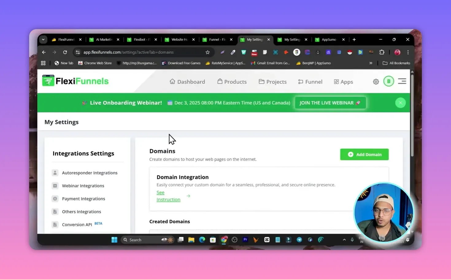 FlexiFunnels My Settings > Domains page showing Domain Integration and Add Domain button