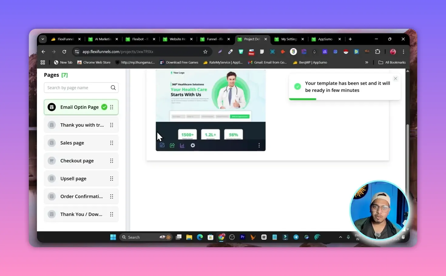 FlexiFunnels template preview showing the chosen email opt‑in template and a 'Your template has been set' confirmation message