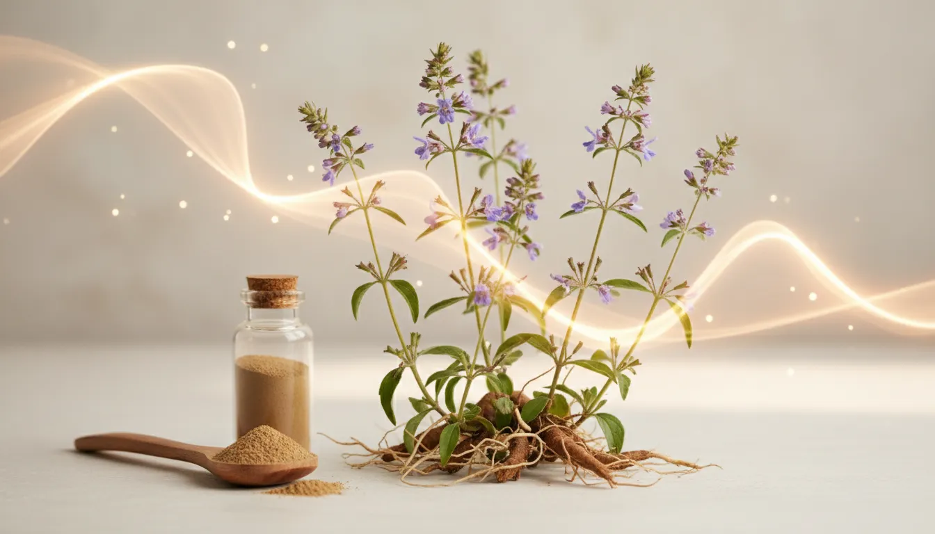 Discover 7 Incredible Health Benefits of Nardostachys Jatamansi Today 2 Nardostachys jatamansi (jatamansi) plant with herbal powder and apothecary vial in a calm wellness setting