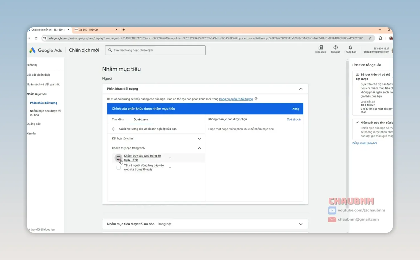 Màn hình chọn phân khúc đối tượng trong chiến dịch Google Ads