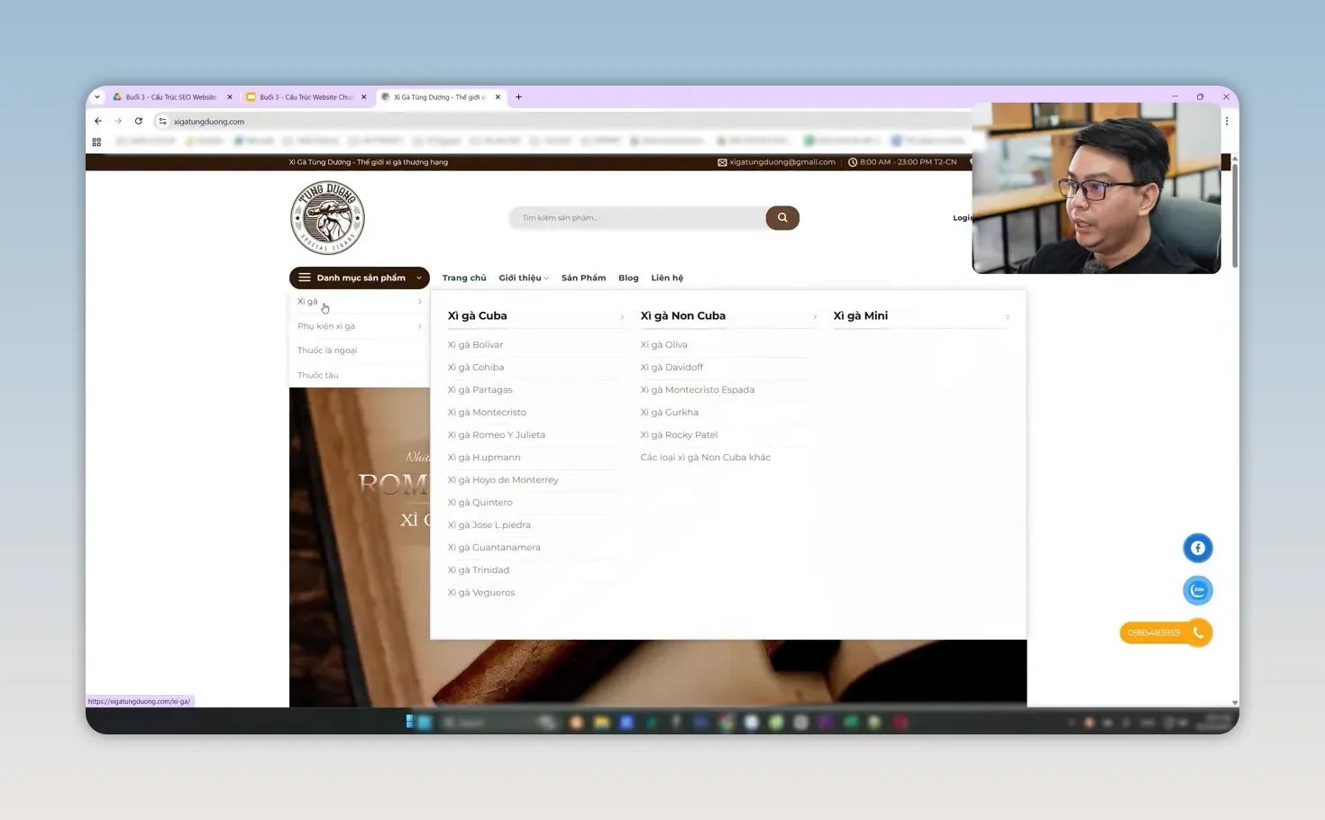 Menu xổ xuống của website xì gà với các nhóm danh mục