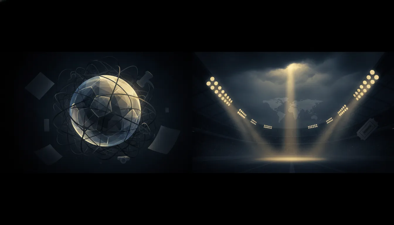 Cinematic editorial illustration symbolizing FIFA governance controversies: a translucent football globe under shadowed web-like networks, with a spotlighted stadium scene representing renewed scrutiny, no text.