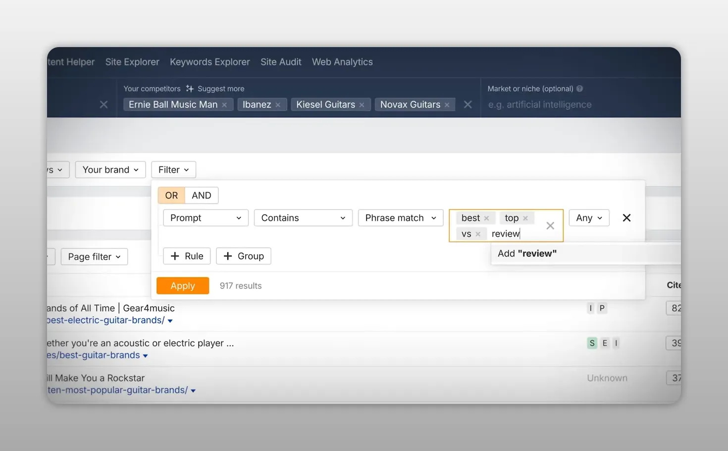 Bộ lọc truy vấn trong Ahrefs với các từ best, top, review và alternative