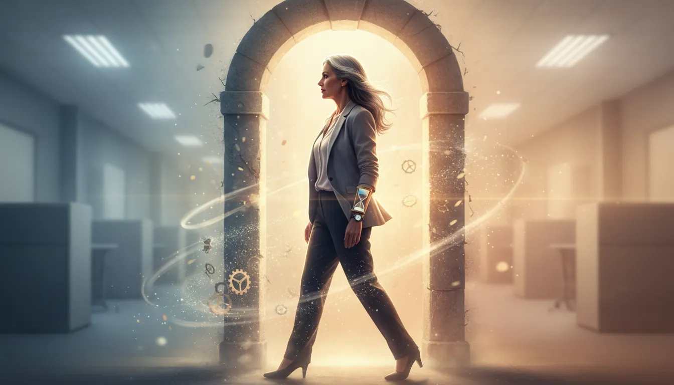 Midlife woman at a glowing threshold symbolizing a courageous leap forward as time feels limited, with corporate life fading into warm hope.