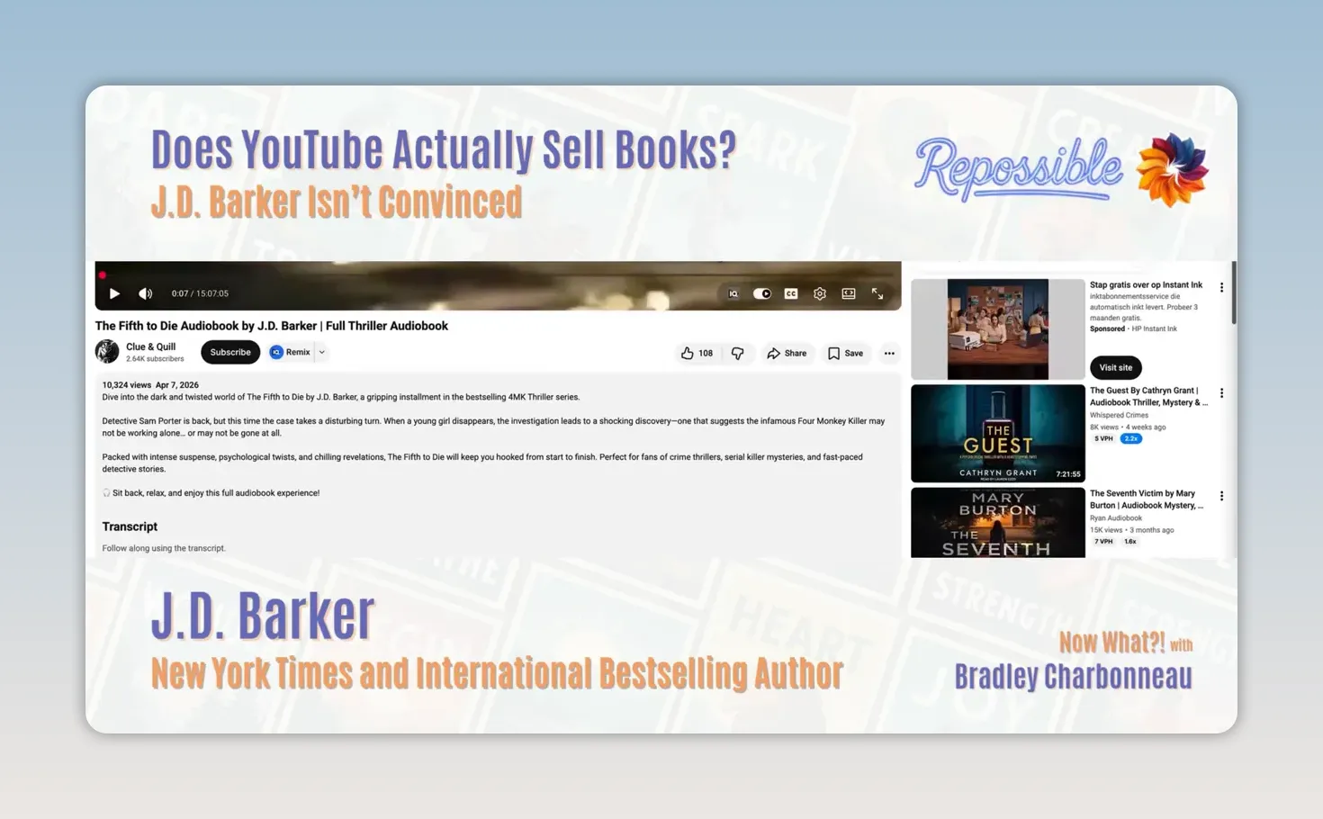YouTube page showing a long audiobook video with related book thumbnails in the sidebar