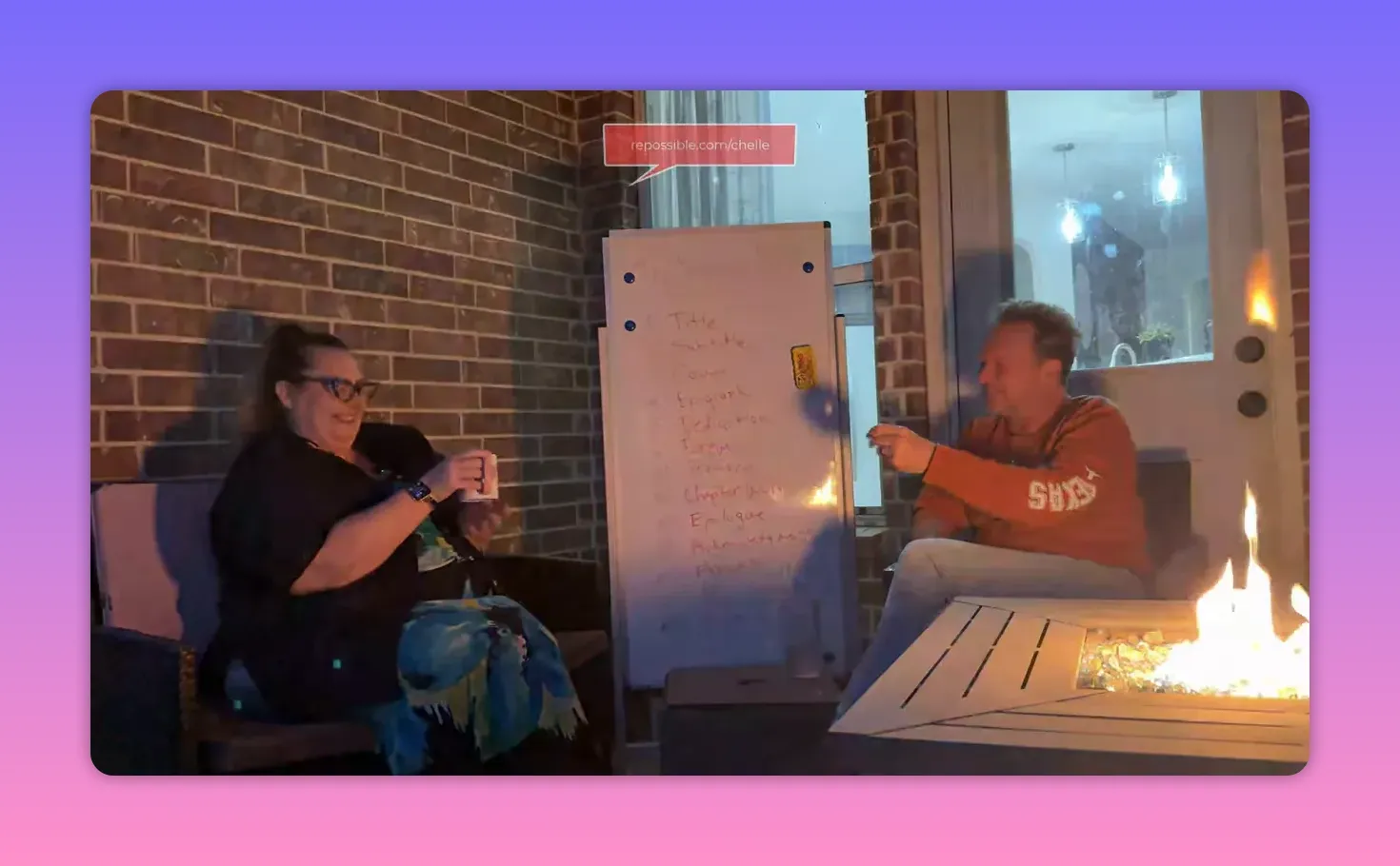 Well-lit patio conversation with a centered whiteboard displaying a handwritten book/epilogue outline and two people on either side.