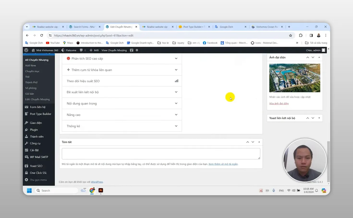 Trang quản trị WordPress hiển thị bài chuyển nhượng với ảnh đại diện và các trường thông tin