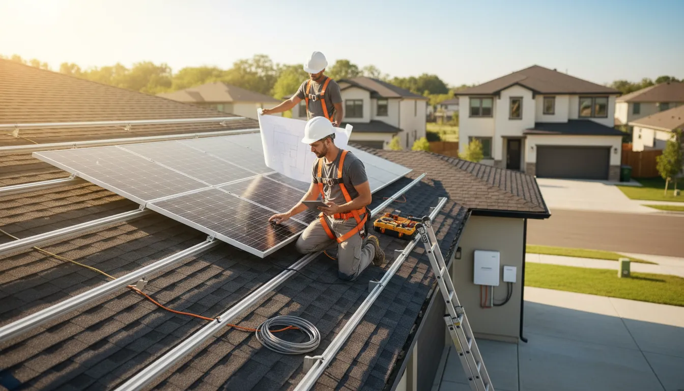 Rooftop solar installation with technician inspecting panels and a project manager reviewing a blueprint, plus home battery storage, illustrating quality solar service and full home energy solutions