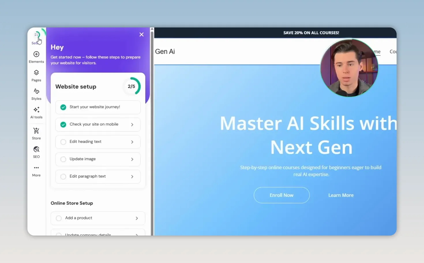 Trình chỉnh sửa Hostinger với danh sách thiết lập website ở bên trái