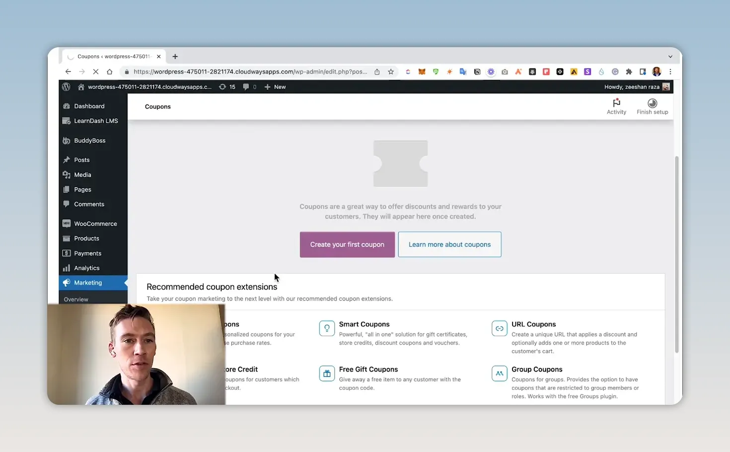 Màn hình tạo coupon mới trong WooCommerce với ô nhập mã coupon và thiết lập giảm giá