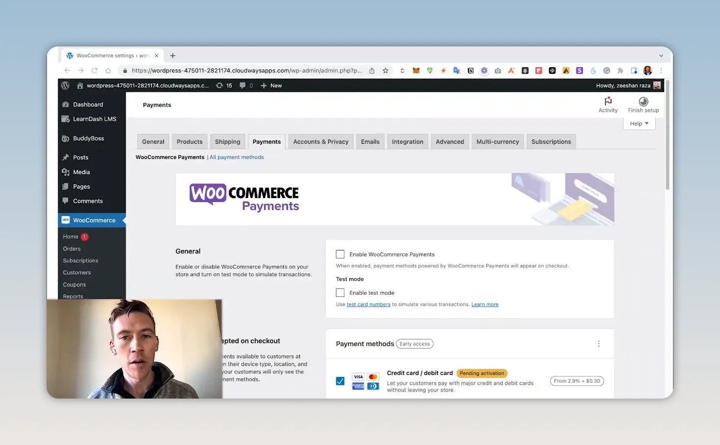 Trang cài đặt thanh toán WooCommerce Payments trong bảng quản trị WordPress