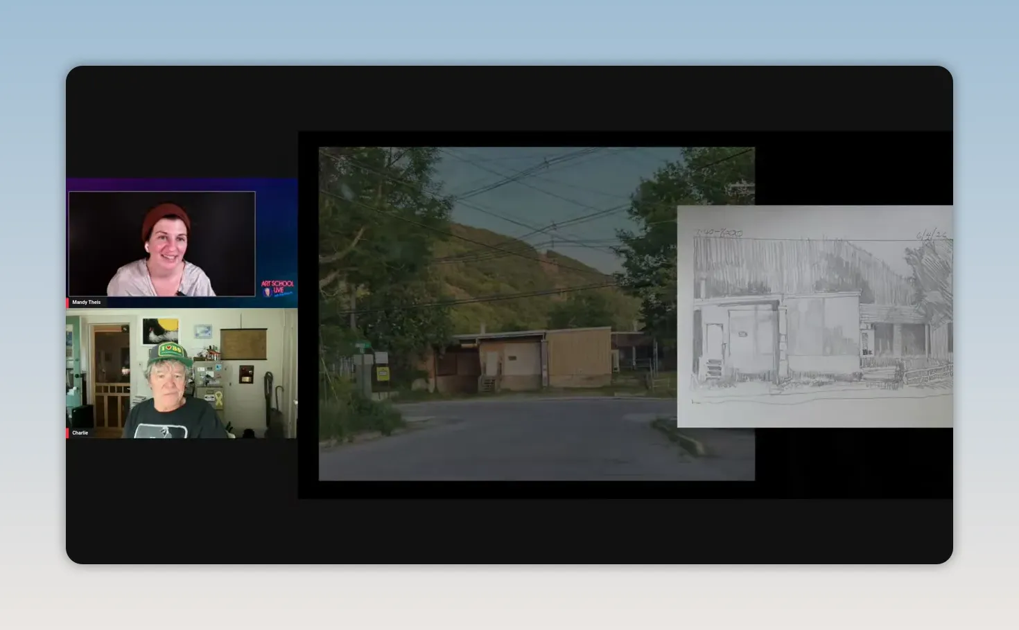 Reference scene and finished pencil sketch shown side by side on screen
