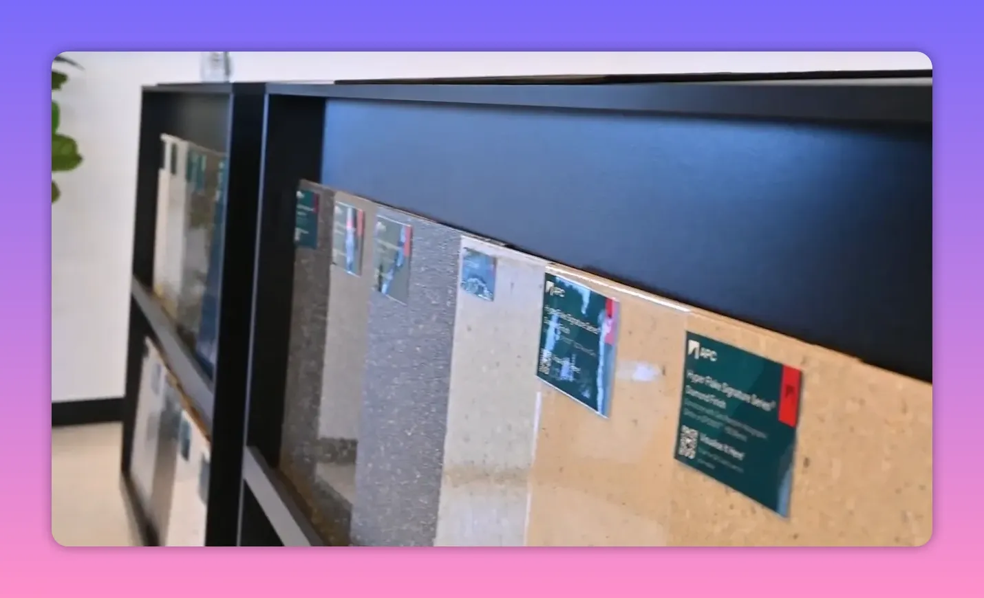 Epoxy sample boards on a display rack in a colour studio showing different flake and finish options Epoxy sample boards on a display rack in a colour studio showing different flake and finish options