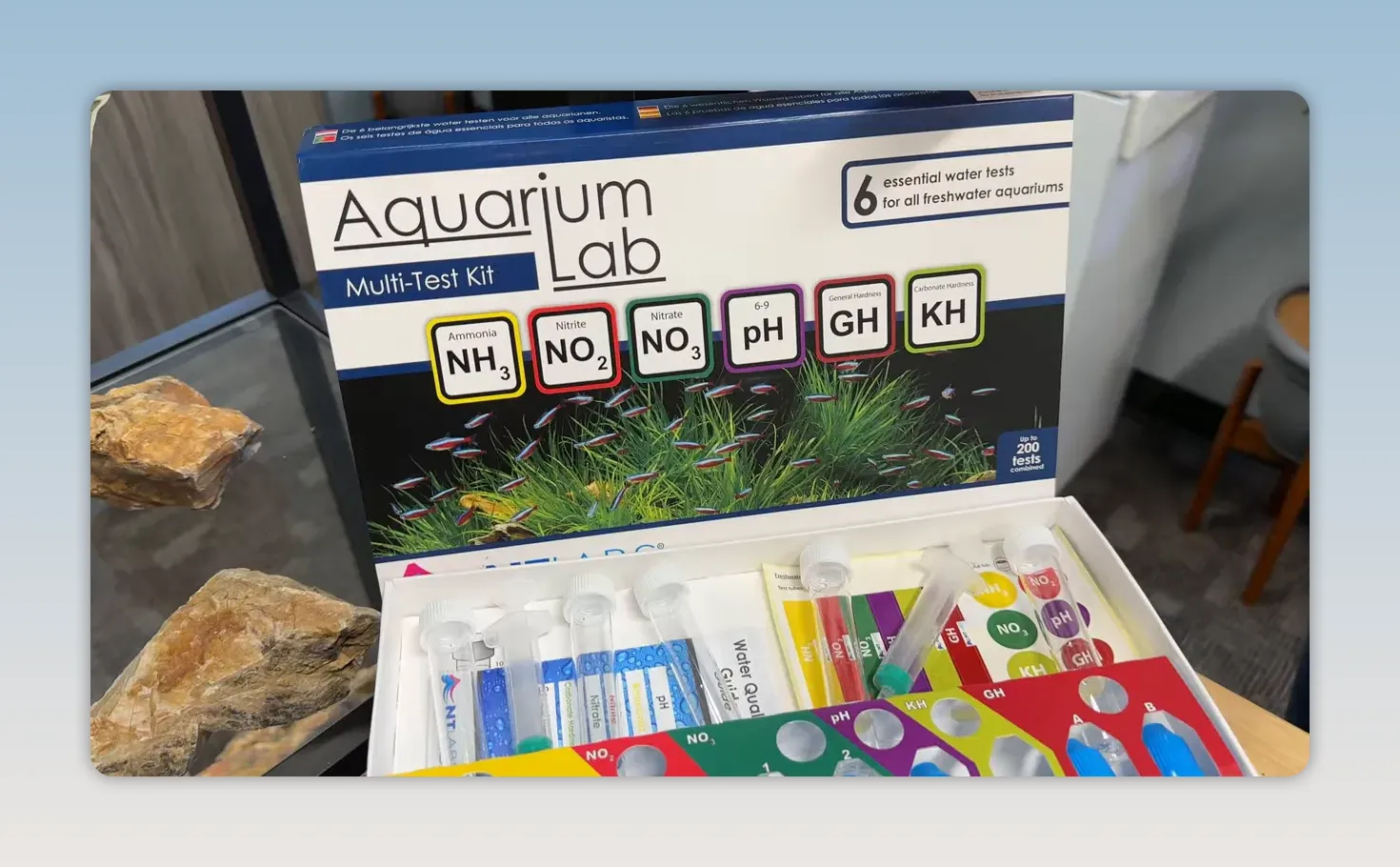 Aquarium multi-test kit box showing ammonia nitrite nitrate pH GH and KH tests