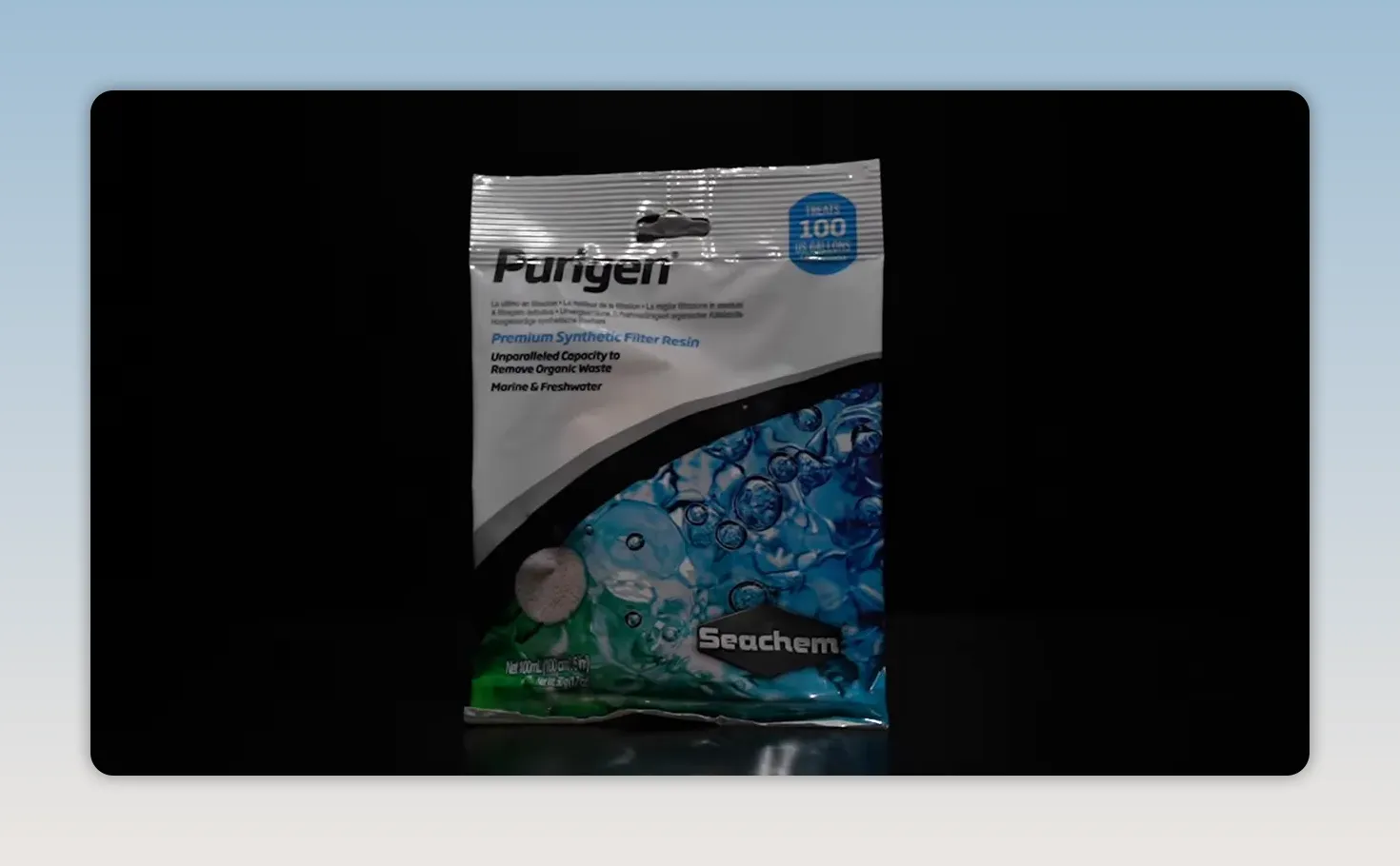 Package of Seachem Purigen filter media on a dark background