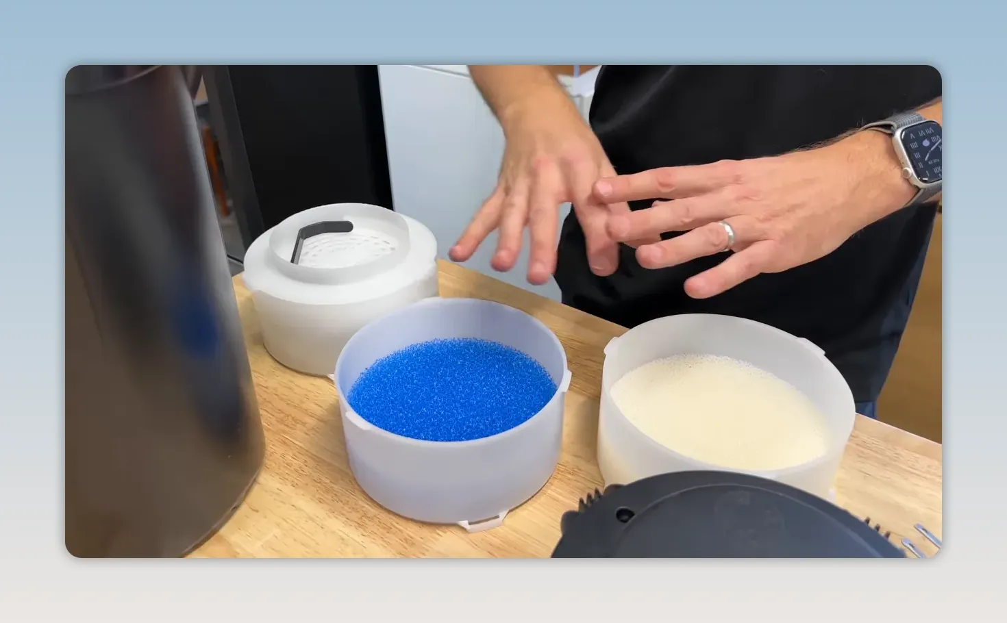 Canister filter media trays with blue sponge and white filter material