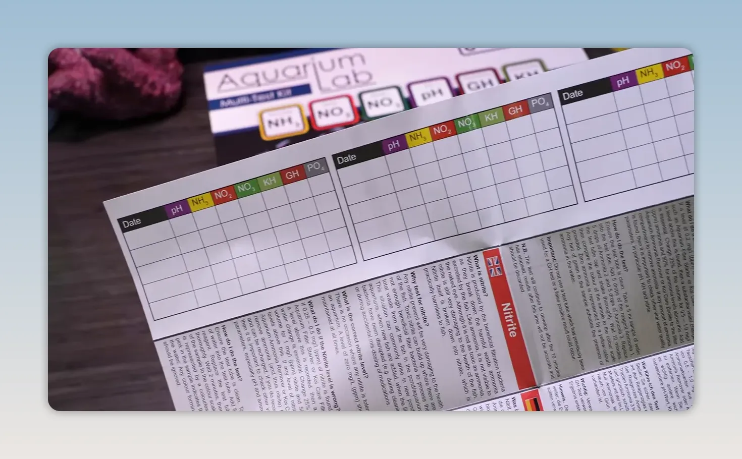 Aquarium test instruction sheet with a grid for recording repeated results