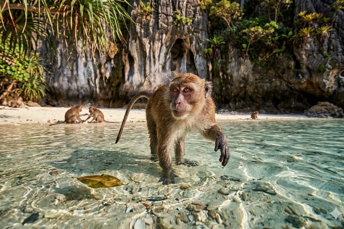 Обезьяны на скалистом побережье у пляжа Monkey Beach