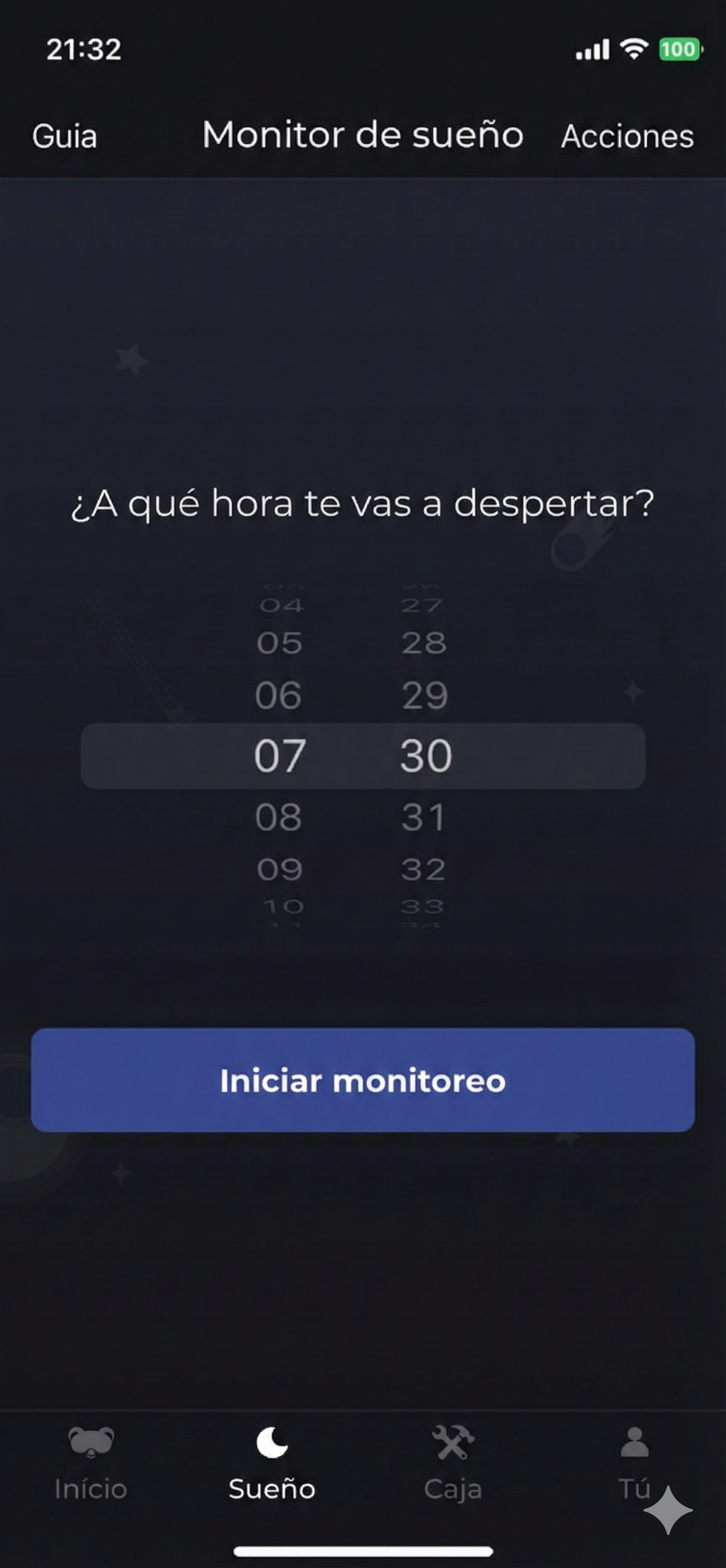 imagen de la primera pantalla del monitor del sueño