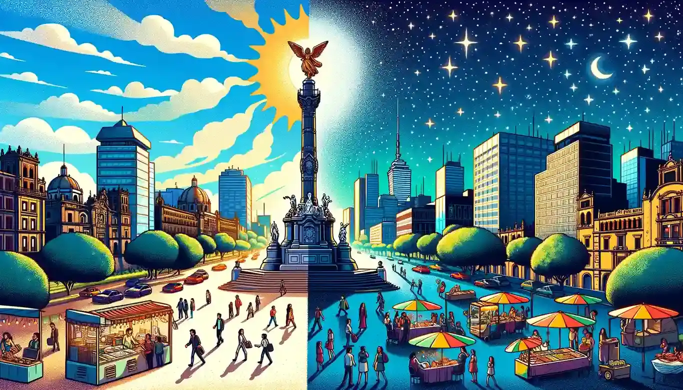An illustration comparing Mexico City during the day versus at night.