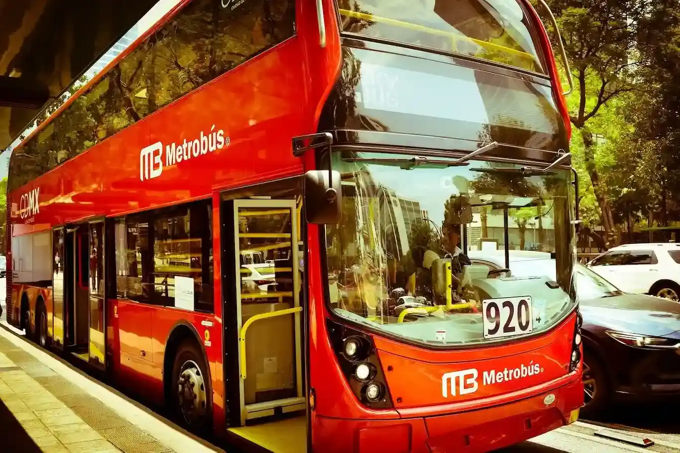 A red Mexico City Metrobus.