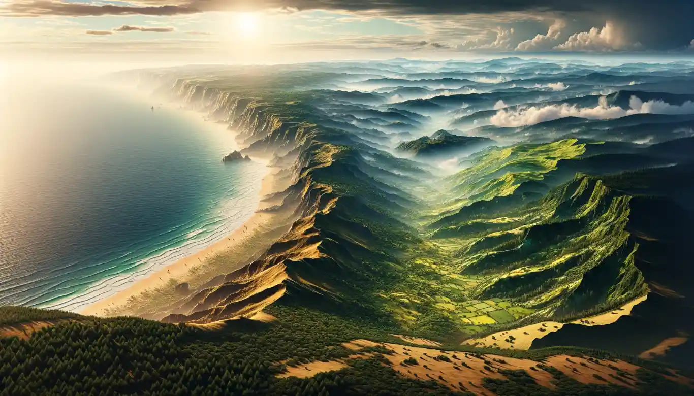 Photorealistic panorama of Portugal's diverse climate: lush, verdant north with winter rains and sunny, dry south with beaches, moderated by the Atlantic Ocean.