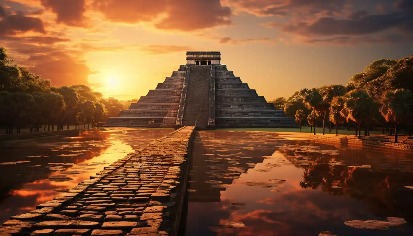 Ancient pyramid stands tall bathed in sunset 